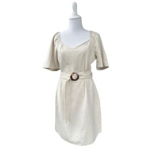 Reserved Dress Mini Belted Sweetheart Neck Puff Sleeve Off White Cream Size 8